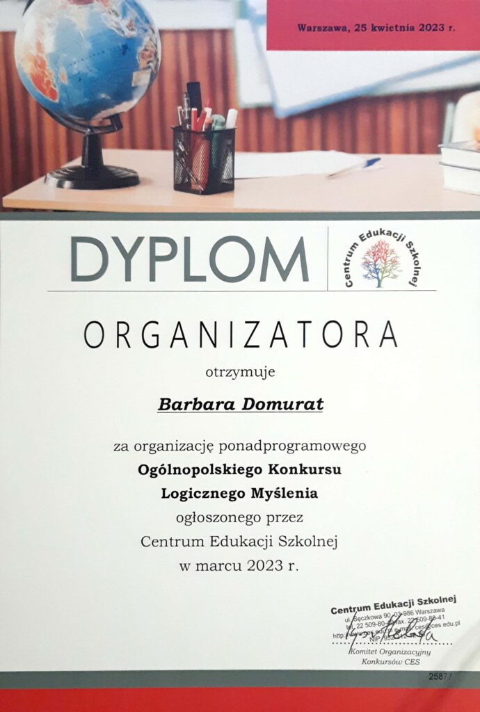 zdjęcie przedstawia dyplom dla organizatora