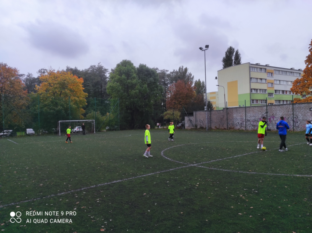 chłopcy grają w piłkę nożną na boisku- zielona murawa 