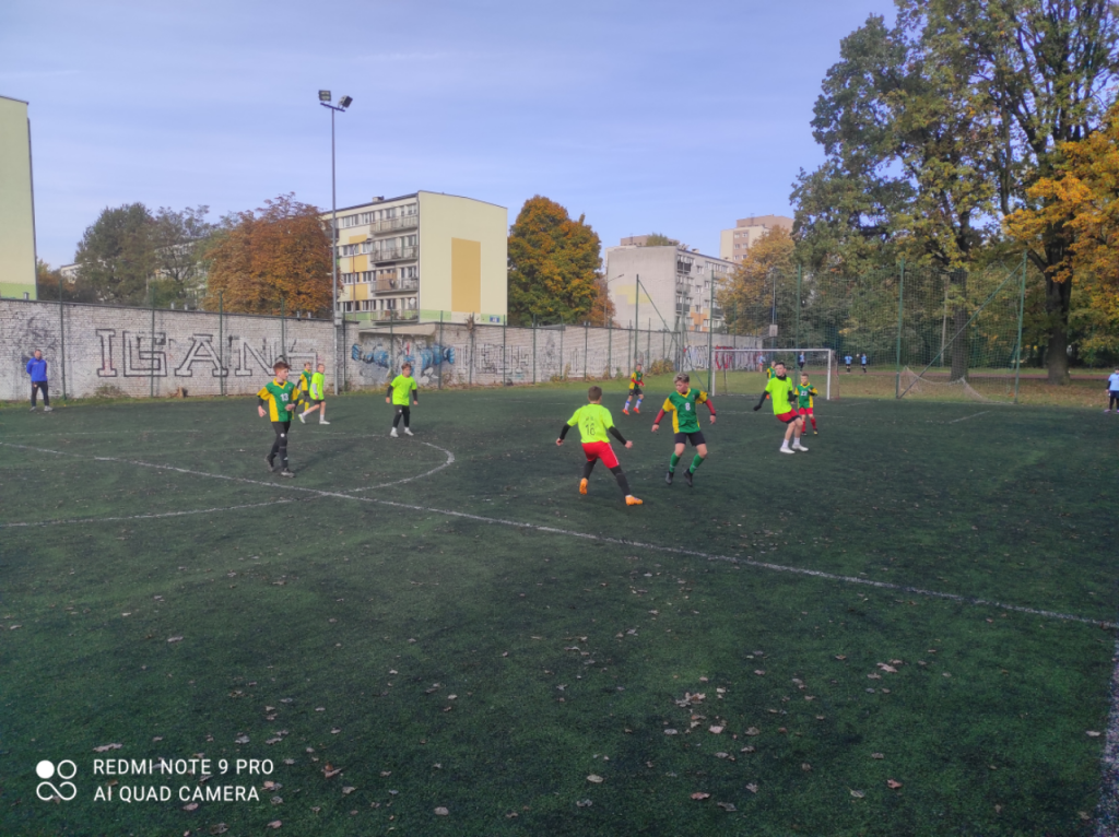 chłopcy grają w piłkę nożną na boisku- zielona murawa 