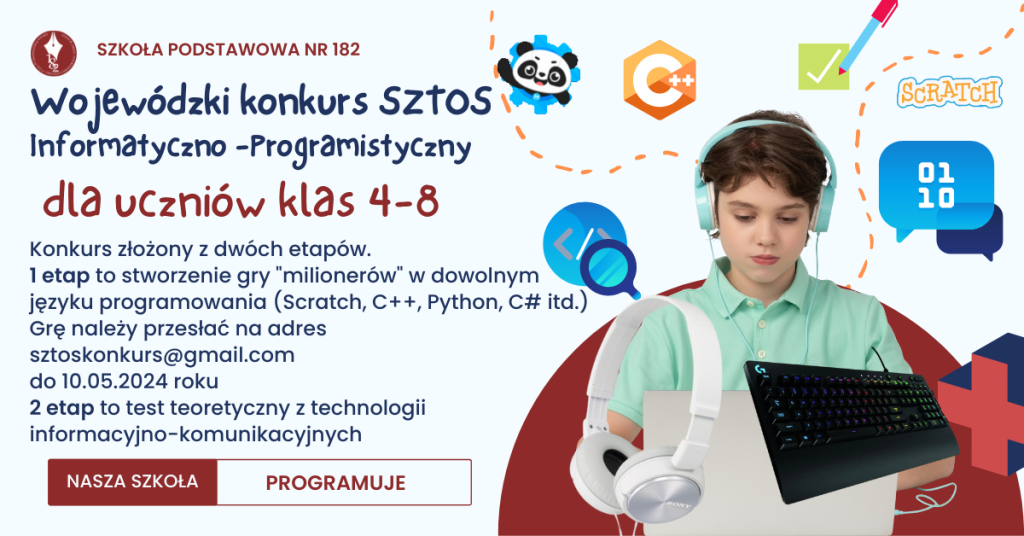 plakat z chłopcem pracującym na komputerze i napisem wojewódzki konkurs Sztos dla uczniów klas 4-8
