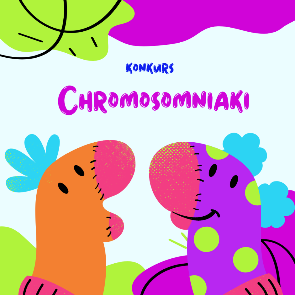 rysunek dwóch skarpet maskotek kolorowych z napisem konkurs Chromosomniaki