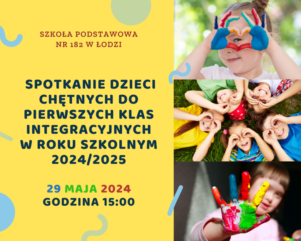 Spotkanie dzieci chętnych do klas integracyjnych 2024/2025 żółty plakat , 3 zdjęcia uśmiechniętych dzieci