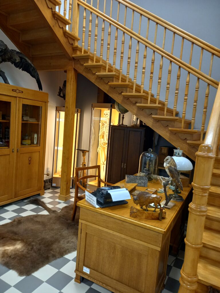zdjęcie biurka i sztucznych zwierząt na nim, drewniane schody