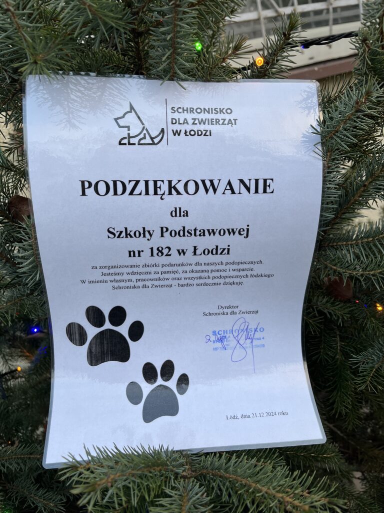 Na zdjęciu widoczne jest podziękowanie dla społeczności SP 182. 