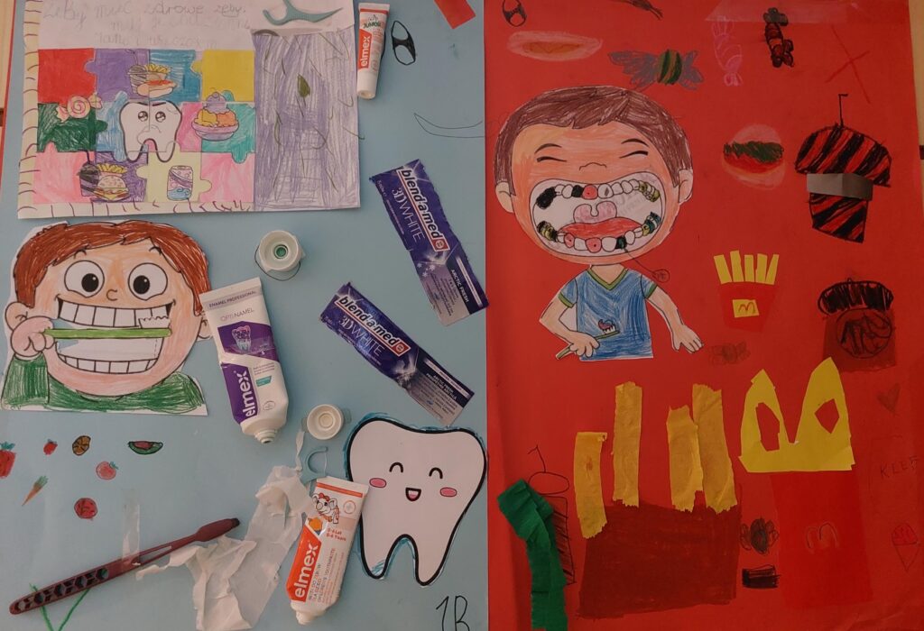 zdjęcie plakatów zrobionych przez dzieci na temat zdrowego uśmiechu