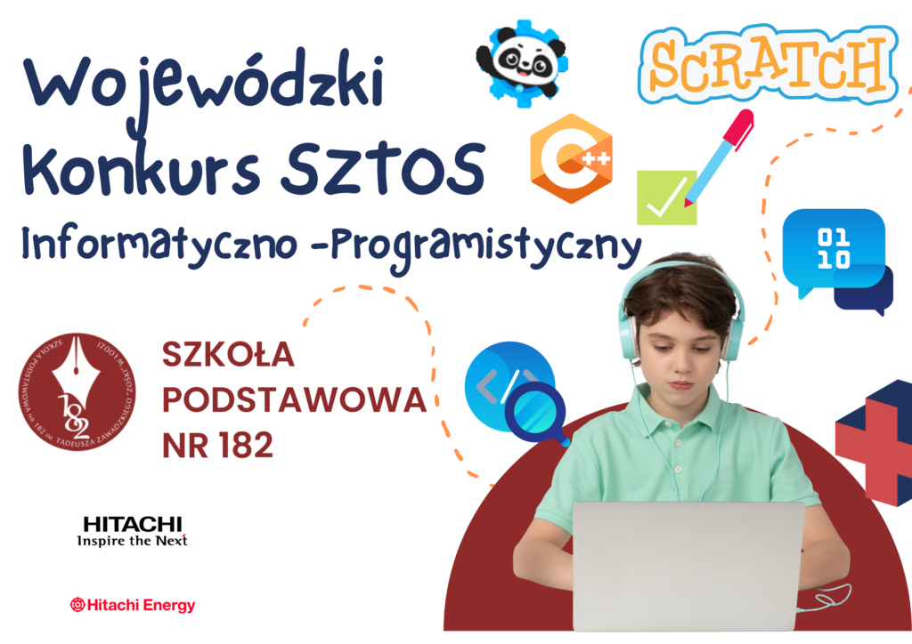plakat z ogłoszeniem wojewódzkiego konkursu sztos informatyczno-programistycznego, z wizerunkiem dziecka przy komputerze w słuchawkach