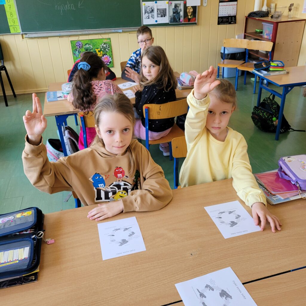 dzieci zgłaszają się podnosząc rączki ku górze