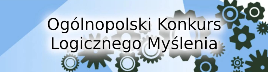 Ogólnopolski Konkurs Logicznego Myślenia napis na niebieskim tle z namalowanymi czarnymi zębatkami