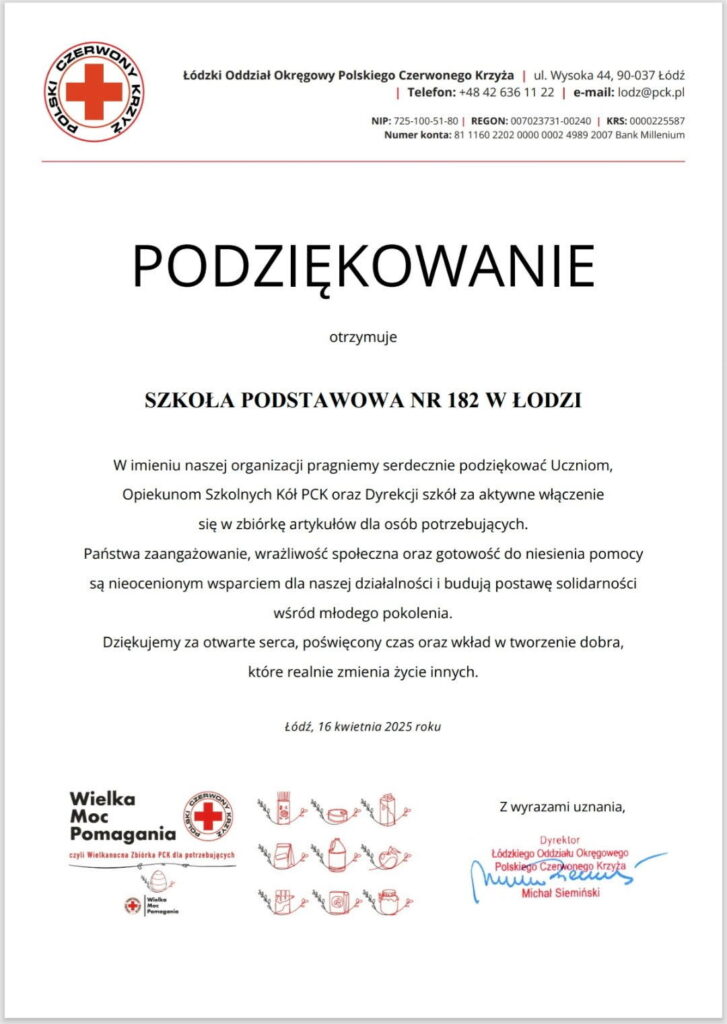zdjęcie dyplomu z podziękowaniami dla szkoły od oddziału Czerwonego Krzyża
