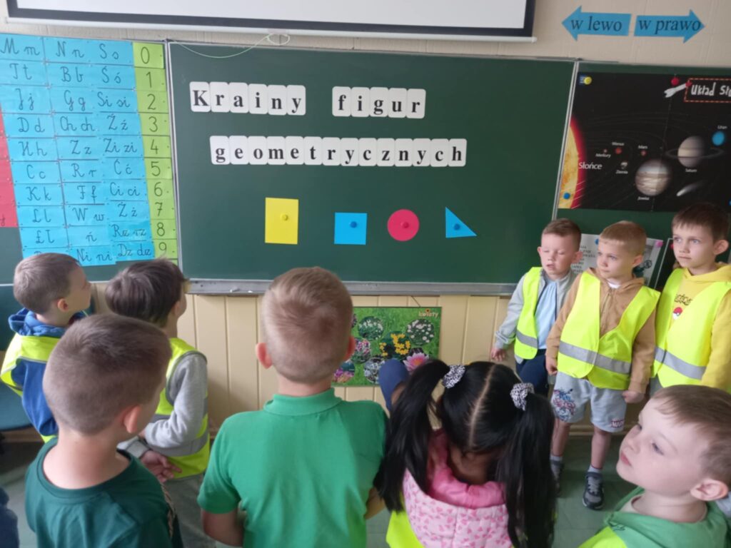 Dzieci w seledynowych kamizelkach stoją przy tablicy na której jest napis Kraina figur geometrycznych i cztery kolorowe figury geometryczne.