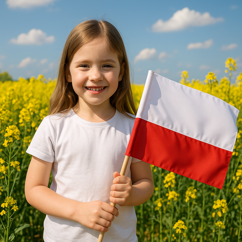 Dziewczynka trzyma flagę Polski w tle kwitnący rzepak.