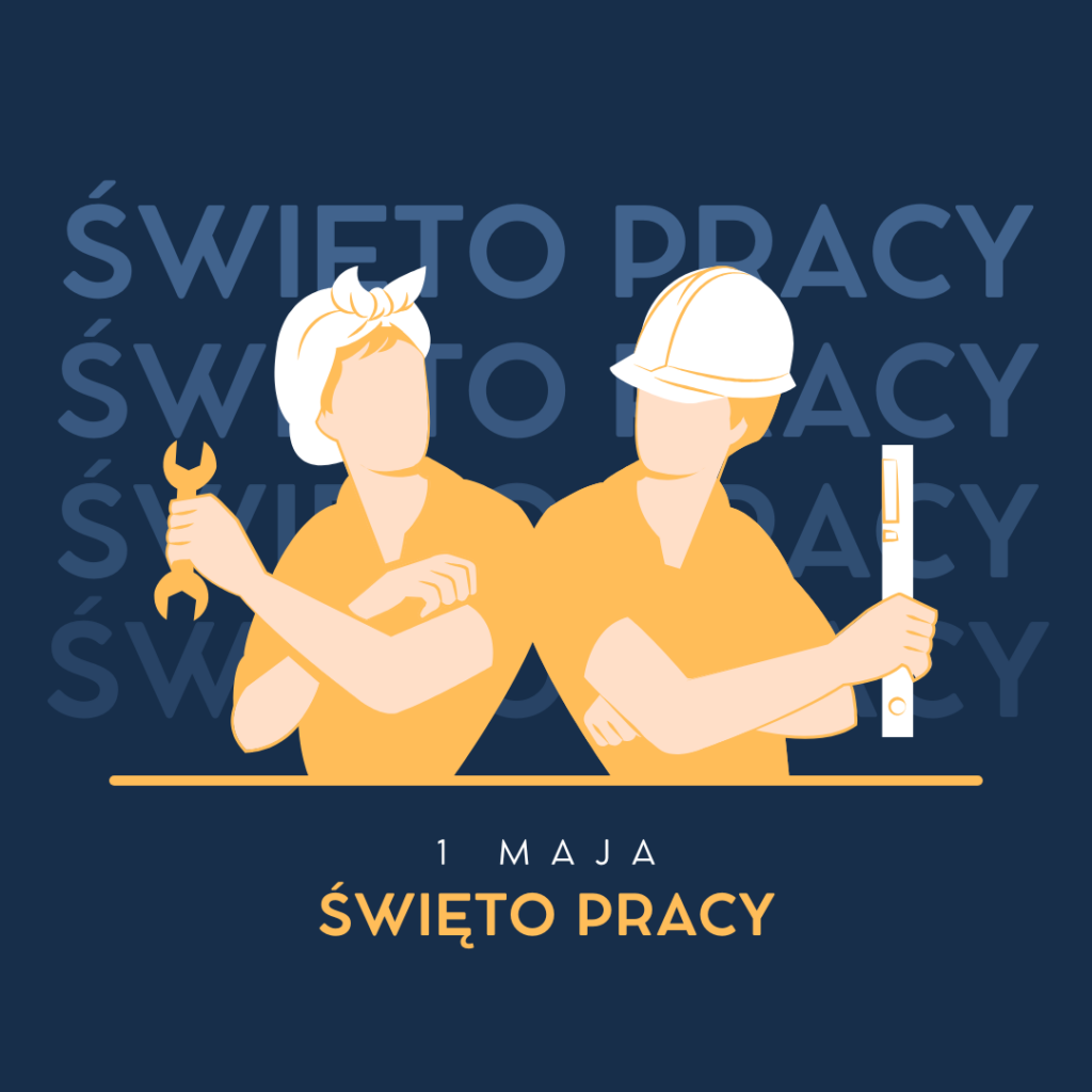Granatowy plakat z napisem święto pracy 1 maja, dwie żółte postacie kobieta i mężczyzna