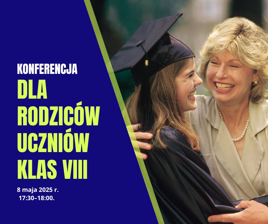 uśmiechnięta mama z córką, plakat promuje konferencję dla rodziców klas ósmych