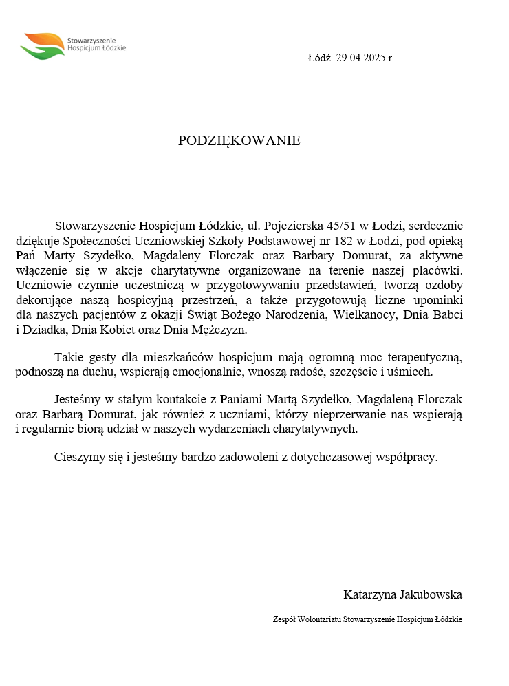 zdjęcie podziękowań od hospicjum dla SP182 w Łodzi