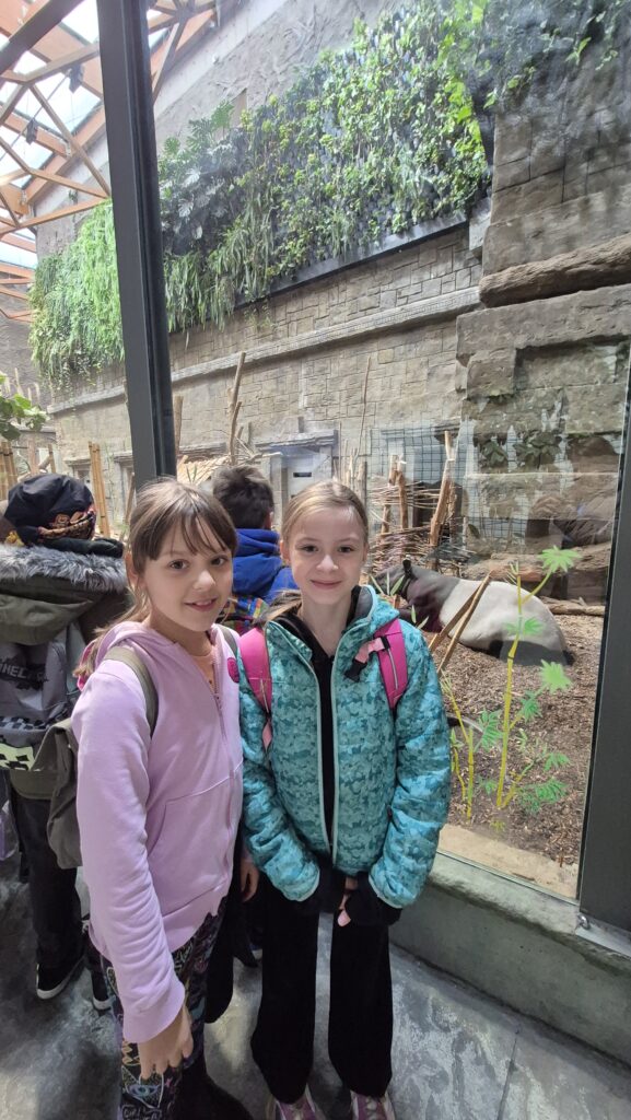 dziewczynki pozujące z tapirem 