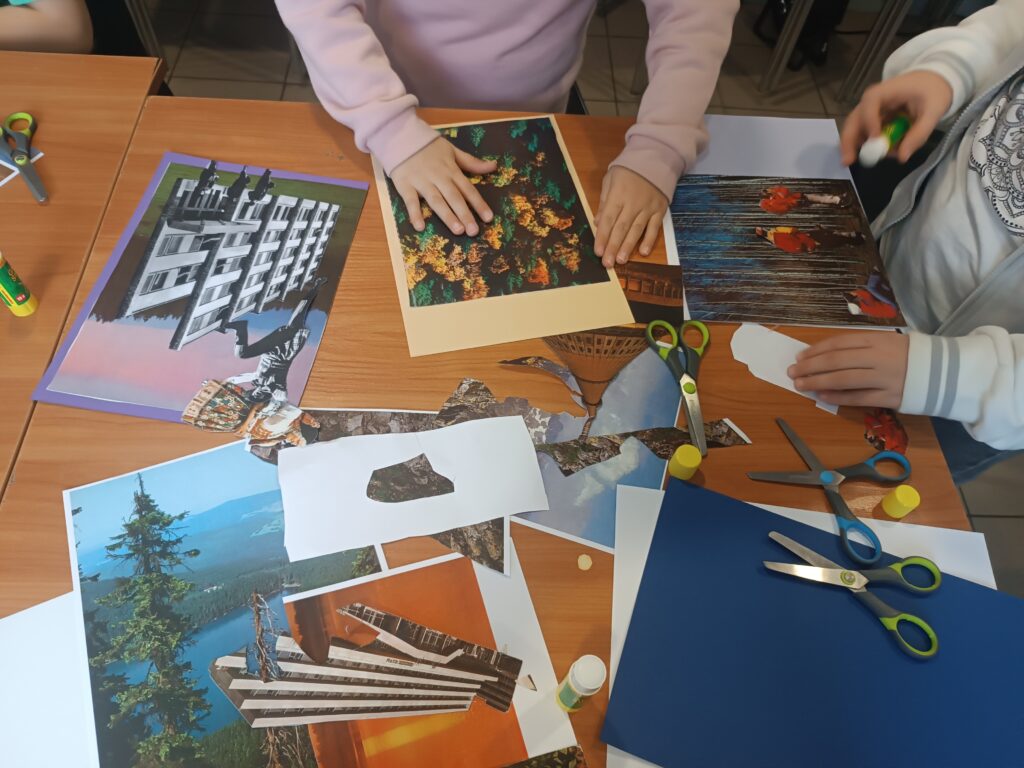 ręce dziecka wykonujące kolaż, ścinki, klej, nożyczki leżące w pobliżu. 