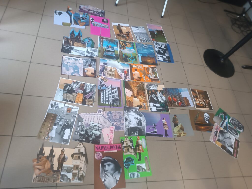 Na podłodze leżą ułożone obok siebie prace kolażowe uczniów.