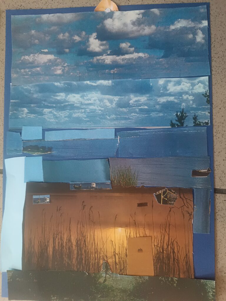 Kolaż przedstawiający jezioro i zachmurzone niebo