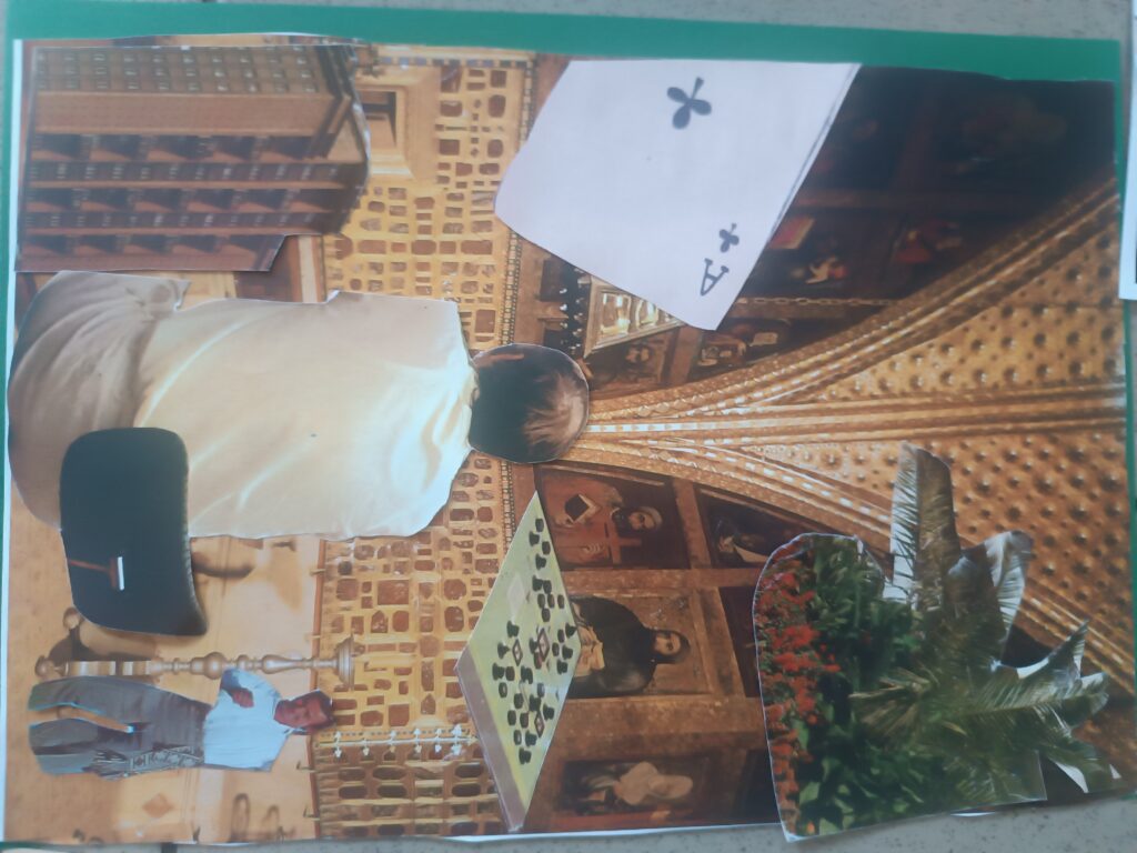 Kolaż przedstawiający człowieka siedzącego tyłem na tle katedry