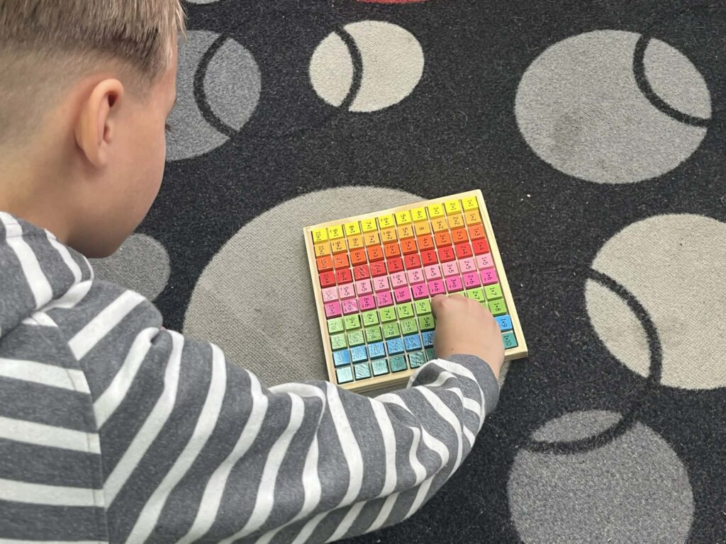 liczydło do tabliczki mnożenia, rączka ucznia przy tabliczce 