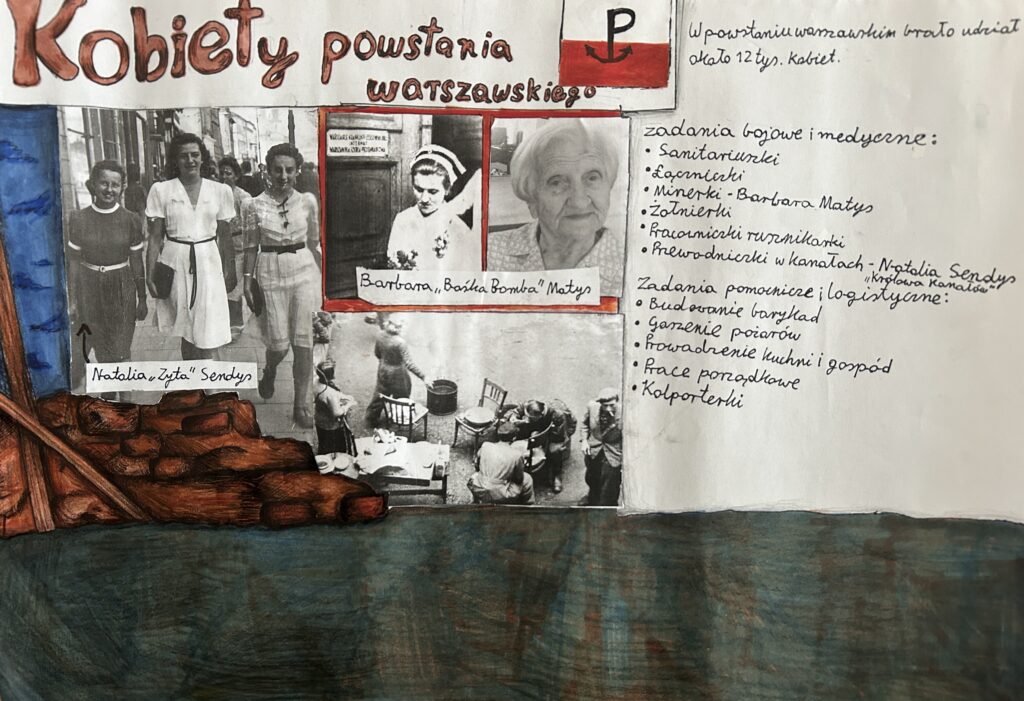 plakat pt. kobiety w powstaniu warszawskim. Na plakacie są naklejone zdjęcia kobiet oraz opis czym się zajmowały