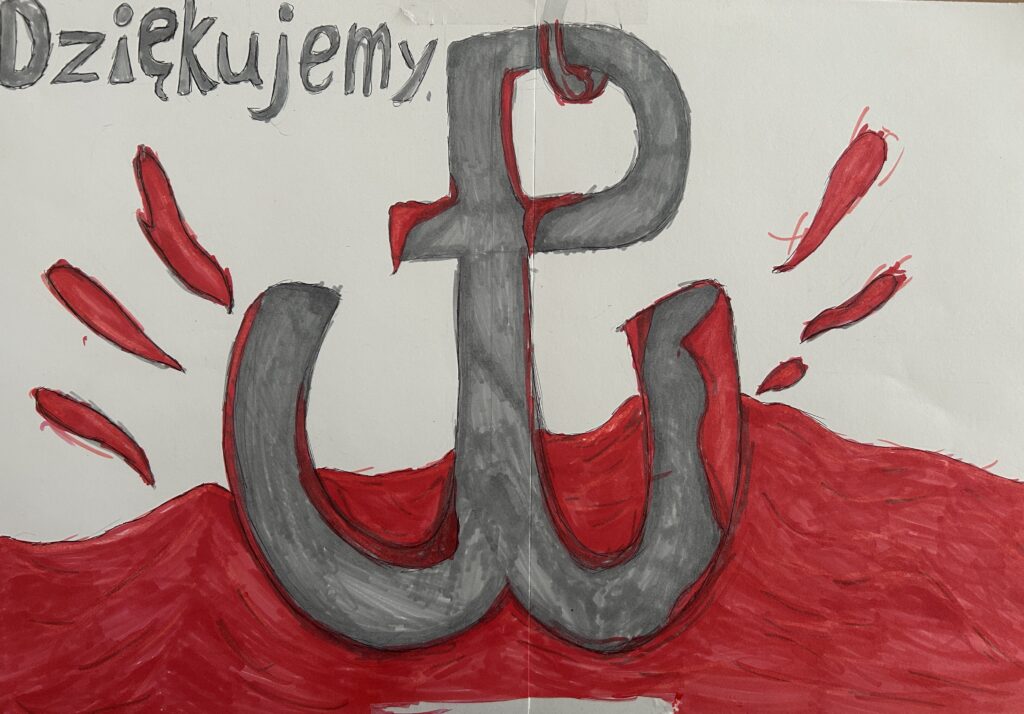 Plakat w kolorze biało czerwonym. Na nim po lewej stronie szary napis dziękujemy, a na środku duży znak Polski Walczącej