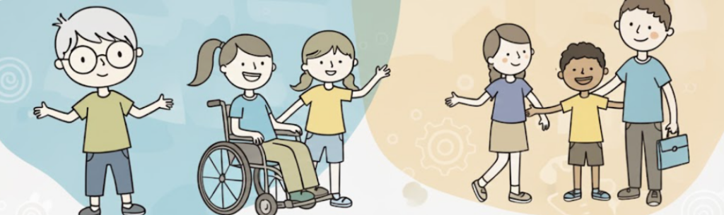 Ilustracja w pastelowych barwach przedstawiająca grupę uśmiechniętych dzieci w różnym wieku i o różnym wyglądzie. Po lewej stronie widać chłopca w okularach oraz dziewczynkę na wózku inwalidzkim, obok której stoi inna dziewczynka. Po prawej stronie znajduje się kolejna dwójka dzieci oraz dorosły mężczyzna z teczką. Całość kompozycji, utrzymana w łagodnym, rysunkowym stylu, promuje inkluzywność i radosną współpracę.