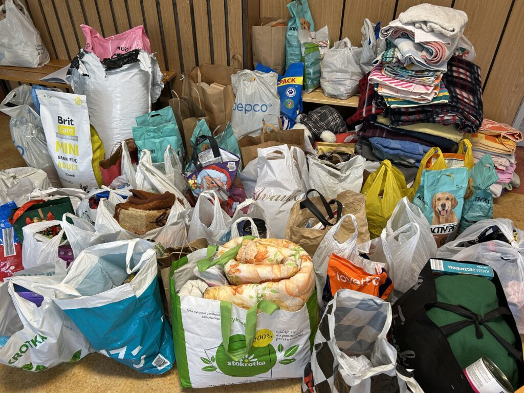 w torebkach zapakowane zebrane przez społeczność szkolną rzeczy: karma, koce, ręczniki