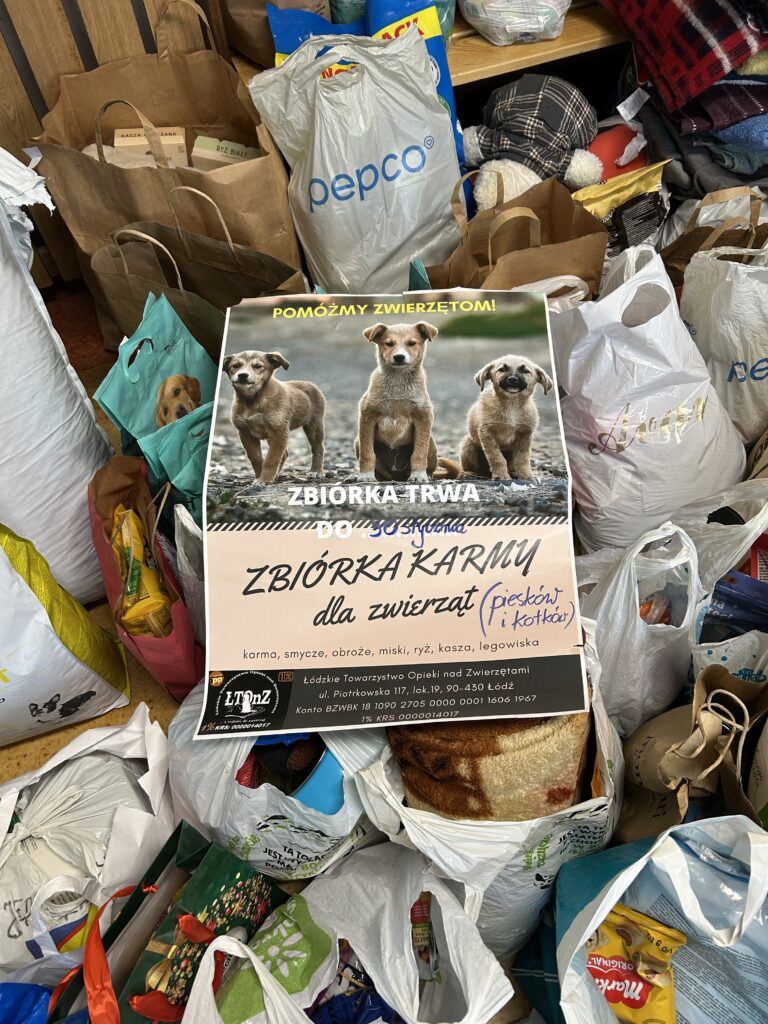 w torebkach zapakowane zebrane przez społeczność szkolną rzeczy: karma, koce, ręczniki