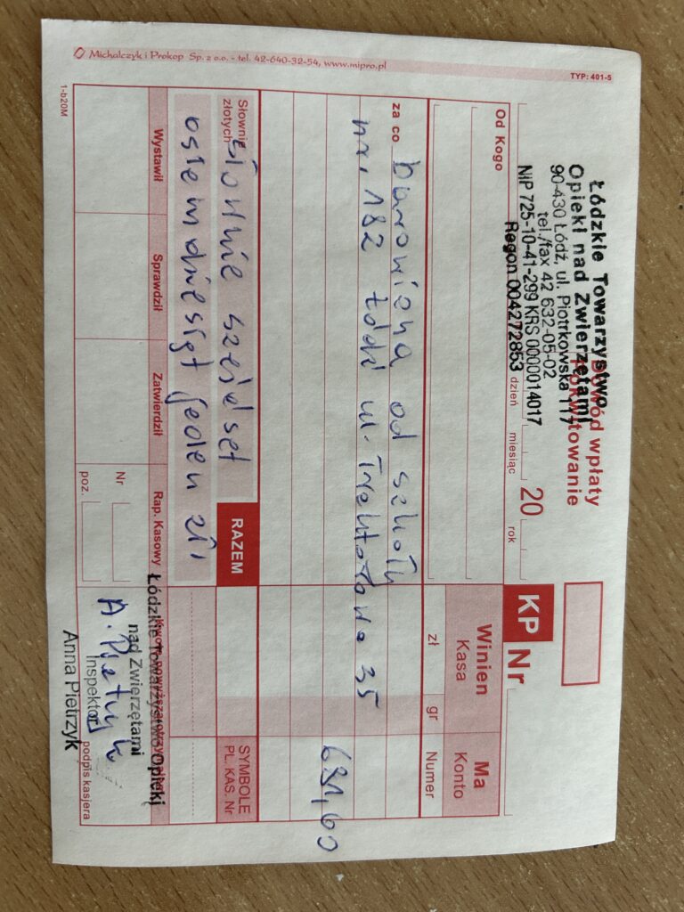 dowód wpłaty 681 zł na rzecz Łódzkiego Towarzystwa Opieki nad Zwierzętami