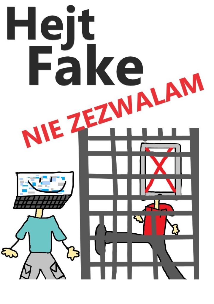 praca ucznia graficzny rysunek kraty i ludzik zamisat głowy komputer hejt fake nie zezwalam