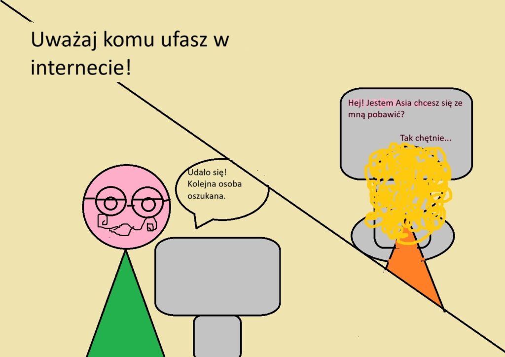 praca ucznia graficzny rysunek zołty przecięty linią po jednej dziecko po drugiej dorosły z hasłem uważaj komu ufasz