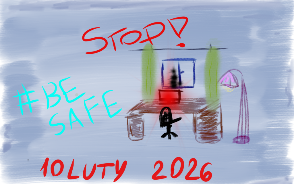 praca ucznia graficzny rysunek szaty biurko z czerwonym monitorem be safe