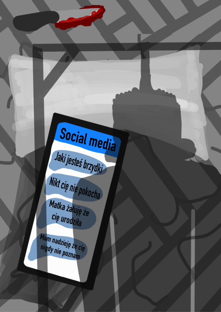 praca ucznia graficzny rysunek kolory szarości, cień człowieka i telefon z hasłami hejtu