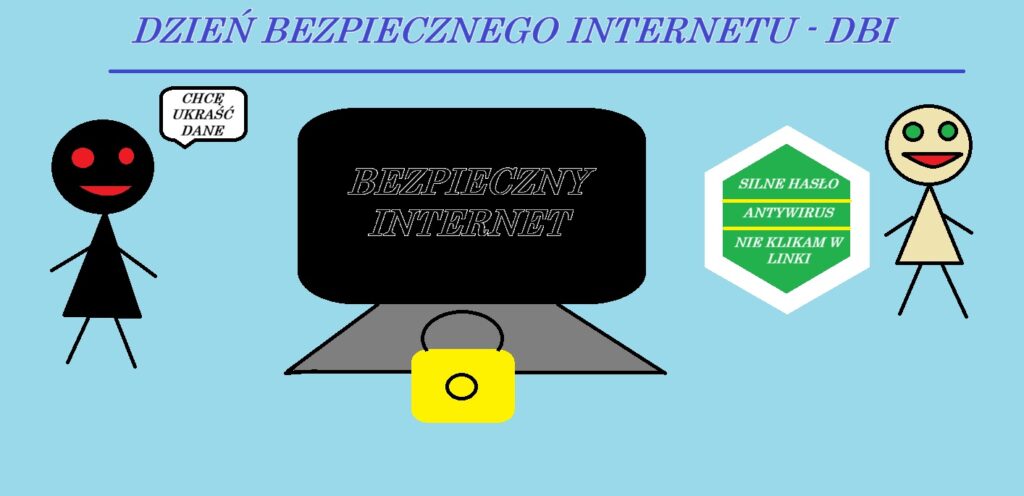 praca ucznia graficzny rysunek komputer na środku hasło dzień bezpiecznego internetu