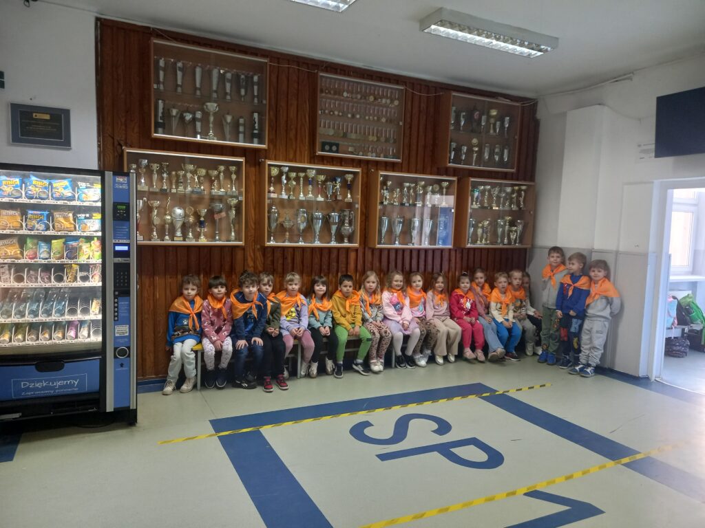 zdjęcie grupowe przedszkolaków siedzących na ławkach pod pucharami