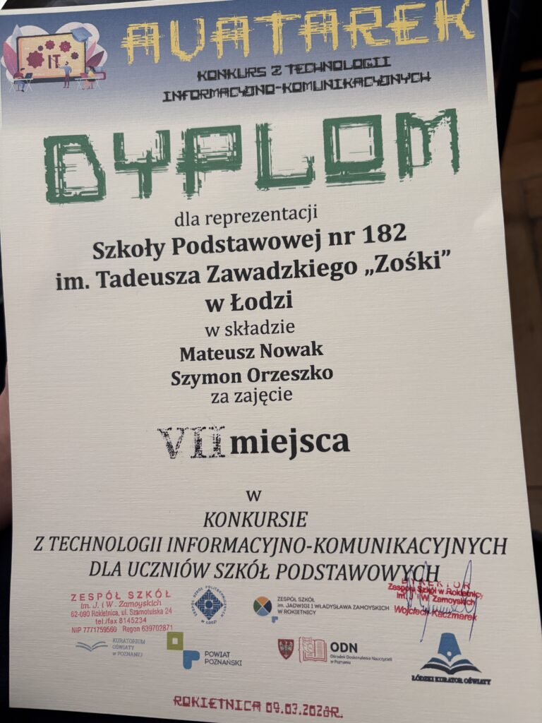 Zdjęcie dyplomu, 7 miejsce w konkursie Avatarek