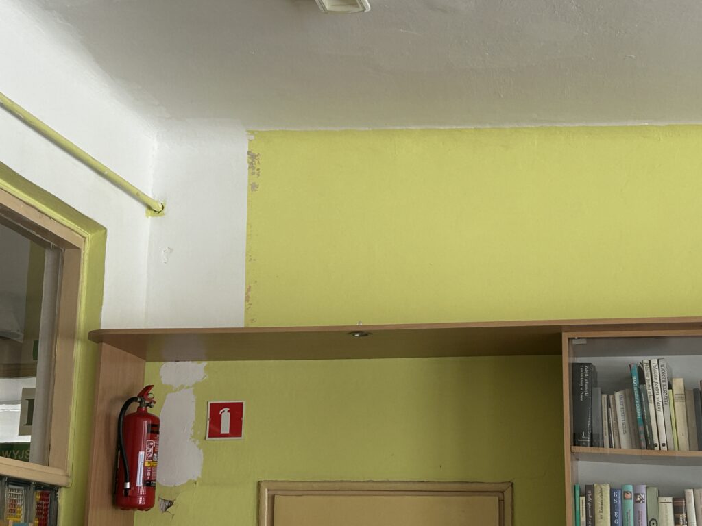 widok na ścianę w bibliotece z kolorowymi obdrapanymi elementami biało - zielonymi