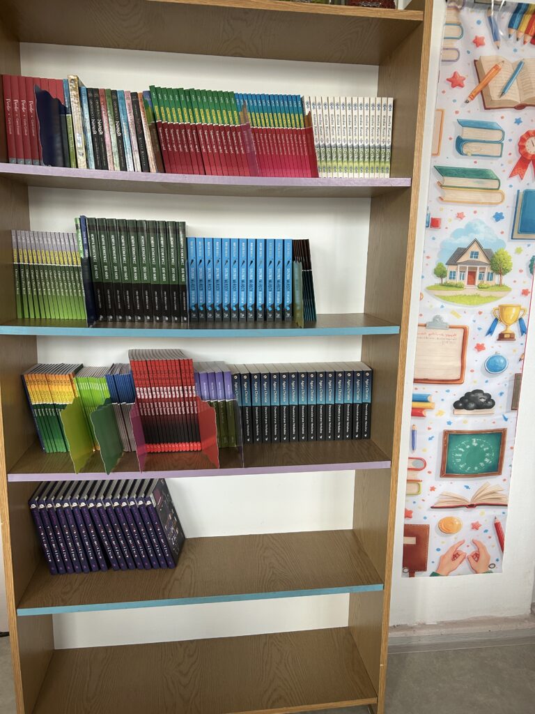 widok na regał z nowymi książkami i kolorowym banerem