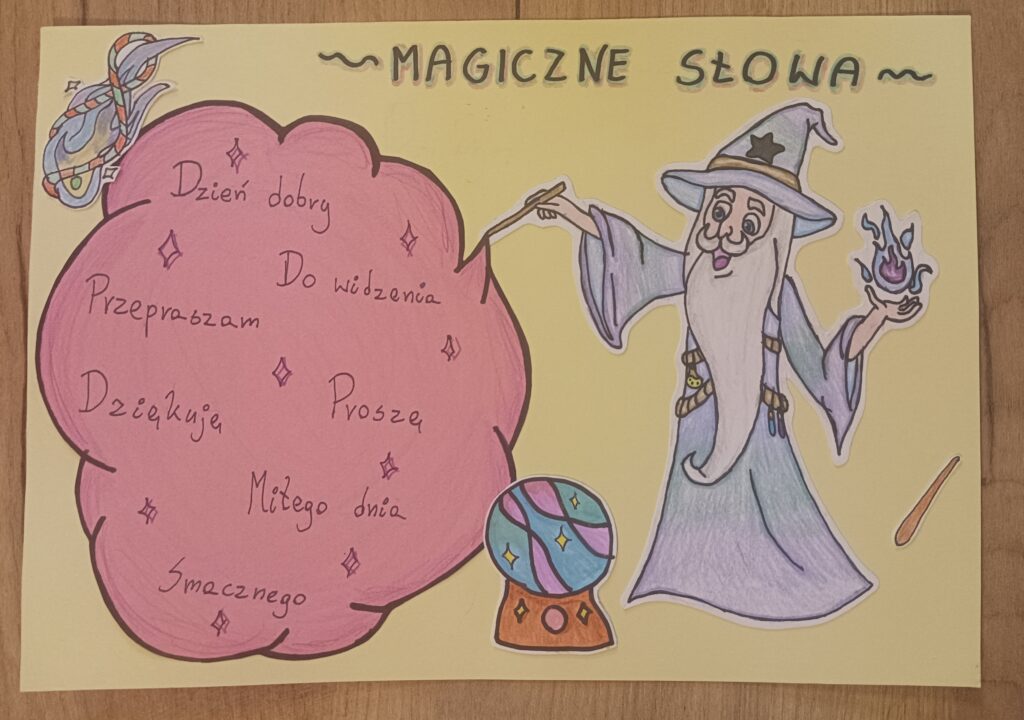 Praca ucznia namalowany czarodziej i na czerwonej chmurce słowa grzecznociowe