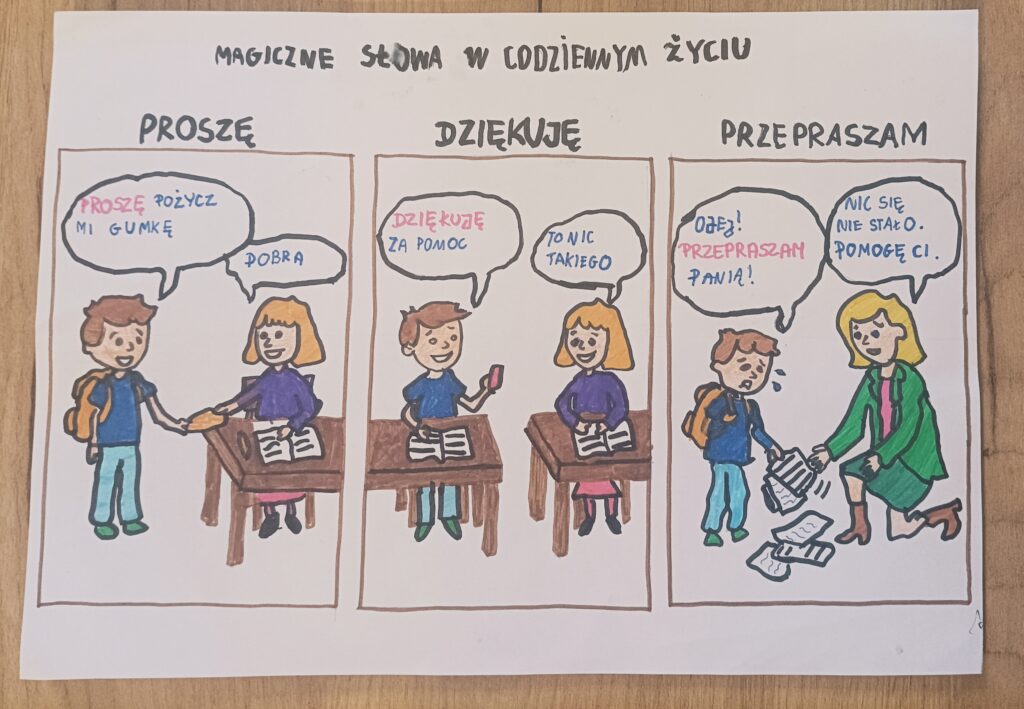 Namalowana praca ucznia, scenki, uczeń pokrzyczą gumkę od uczennicy, używa słów grzecznościowych