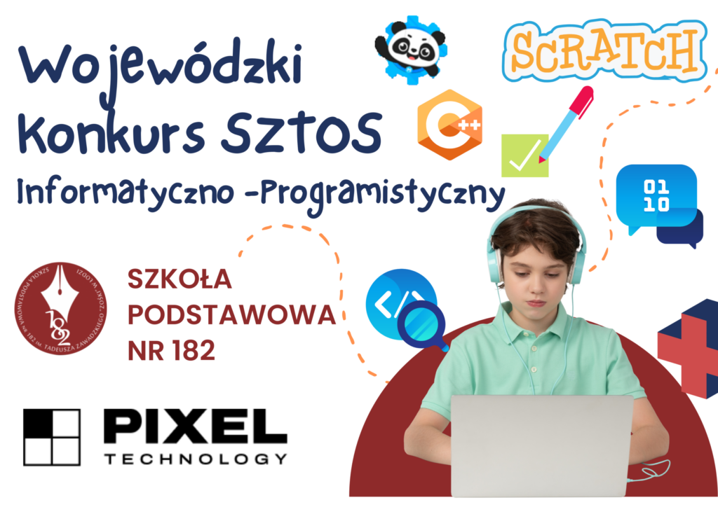 plakat ogłaszający konkurs SZTOS z logo patronaty PixelTechnology