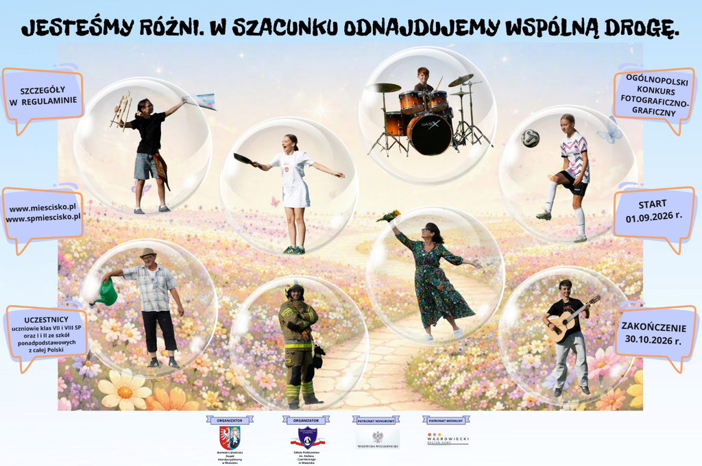 Plakat promujący konkurs. postacie wygenerowane przez program napis jesteśmy różni. w szacunku odnajdujemy wspólną drogę