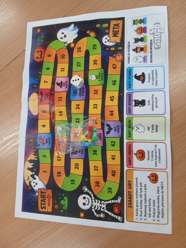 zdjęcie przedstawia grę. Kartka z planszą, pionki i kostka.
