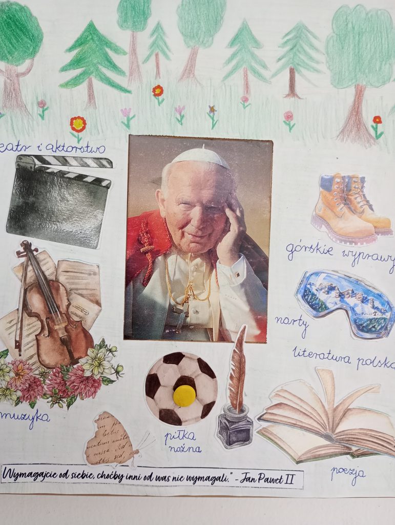 zdjęcie JPII i powycinane elementy które przedstawiają jego zainteresowania