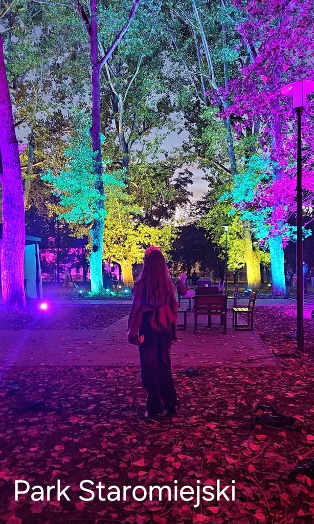 Amelia Sas - Park Staromiejski - dziewczyna stoi tyłem do aparatu i patrzy na kolorowo podświetlone drzewa