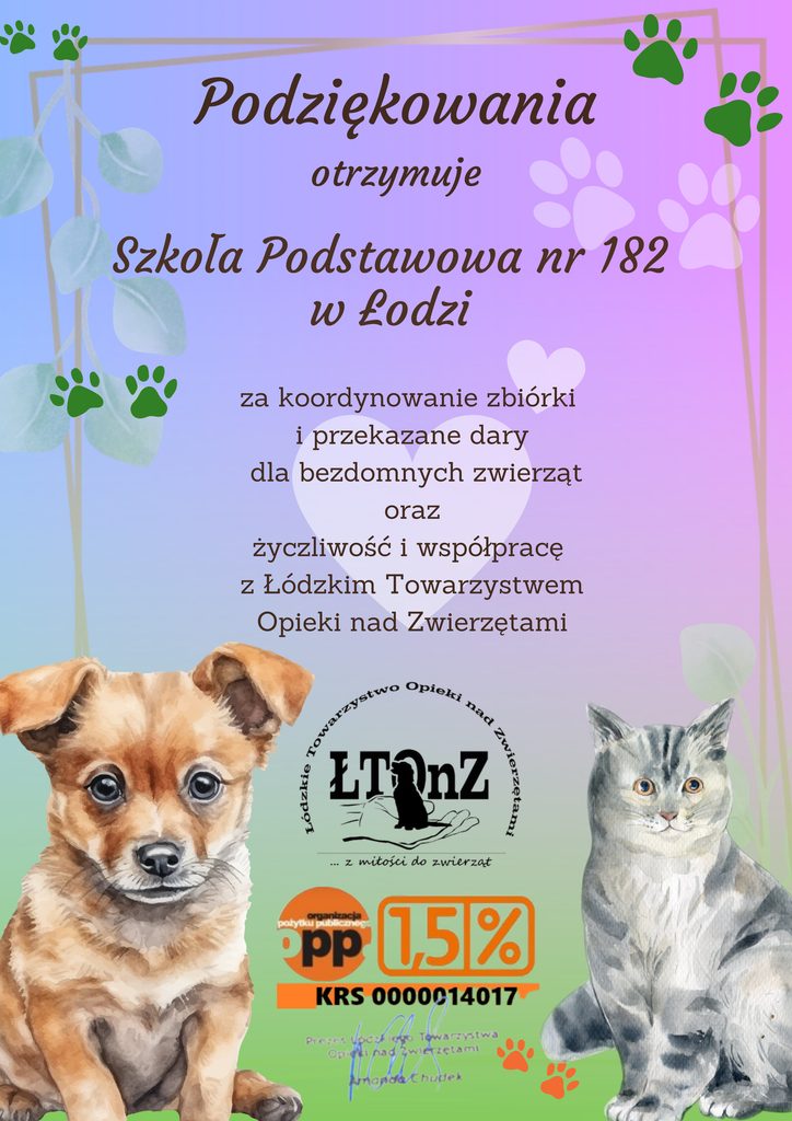 dyplom z podziękowaniami dla SP182 za zbiórkę dla bezdomnych zwierząt